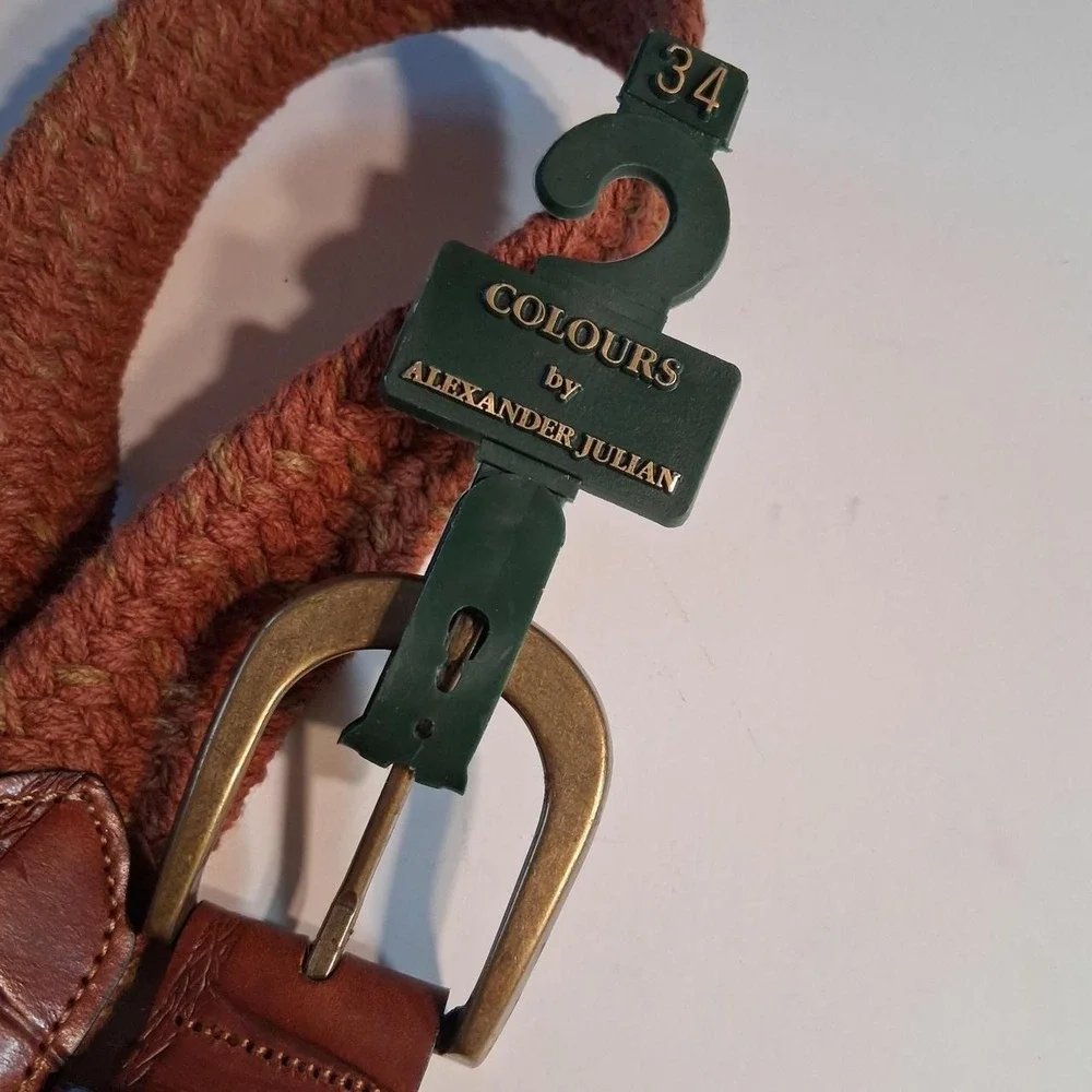 Vintage 90s mens Brown leather belt with braided stretchy body with gold buckle